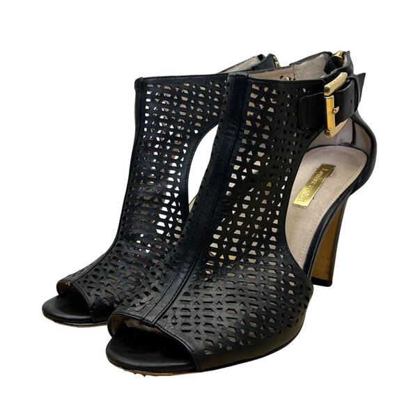 Louise Et Cie Womens Black Leather Adjustable Buckle Peep-Toe Heels Size 7.5B - Picture 3 of 10